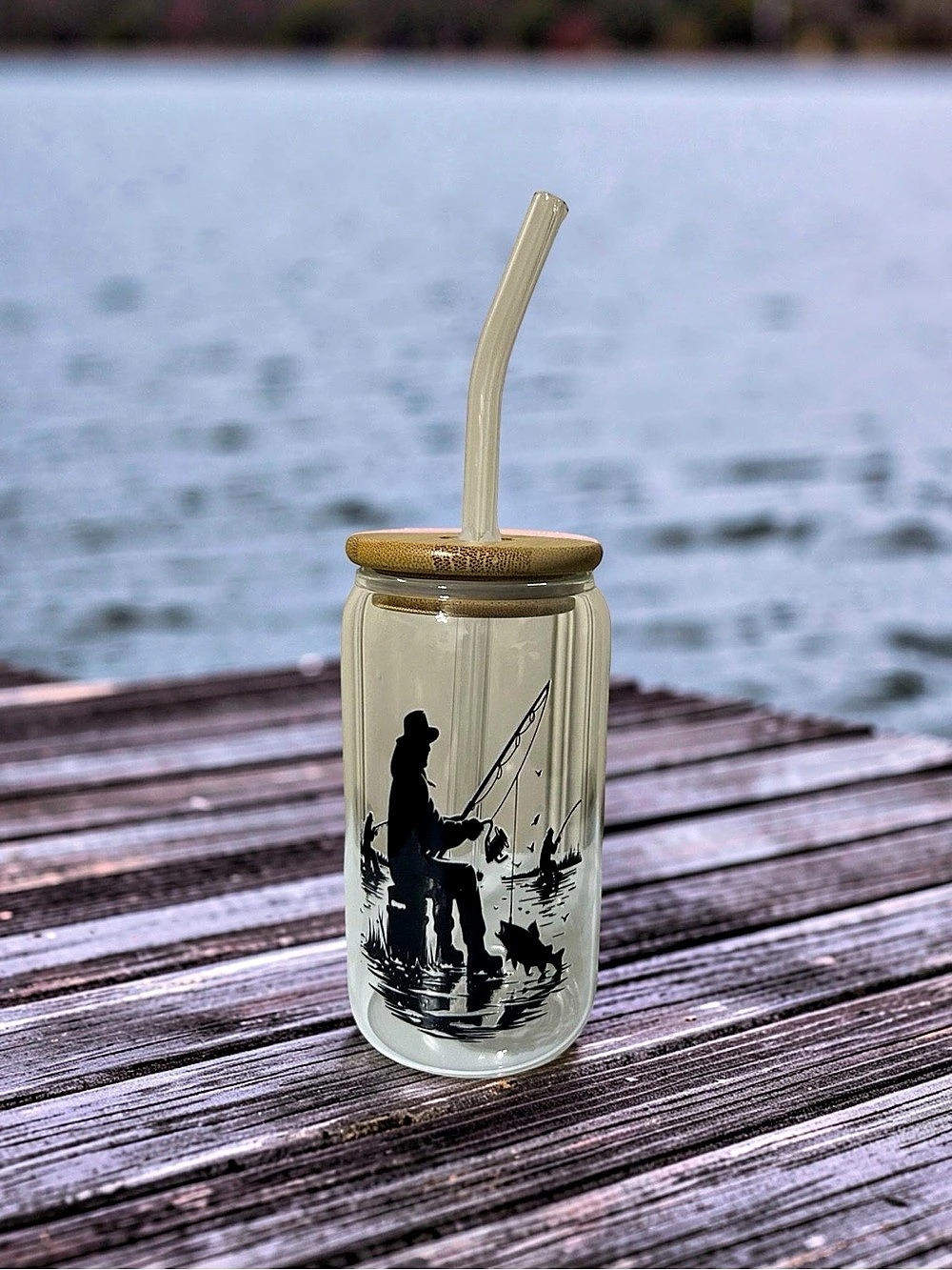Clear & Brown Fishing Graphic Glass Jar With Straw